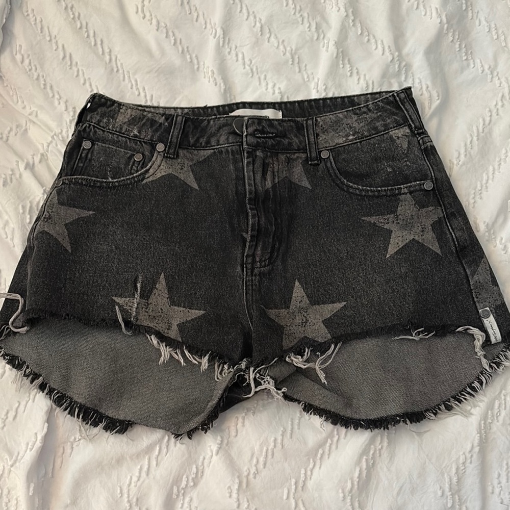 One Teaspoon Black and Gray Jean Shorts with Star Pattern